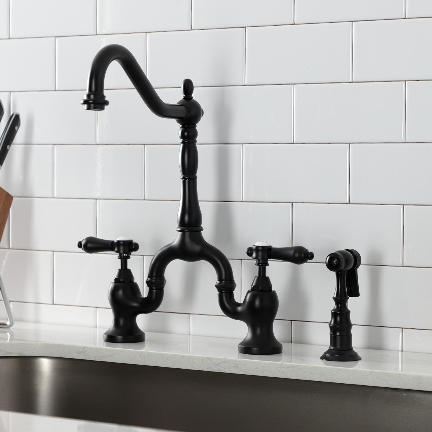 Kingston Heirloom KS7750BALBS - Heirloom Two-Handle 3-Hole Deck Mount Bridge Kitchen Faucet with Brass Sprayer, Matte Black — thumbnail 3